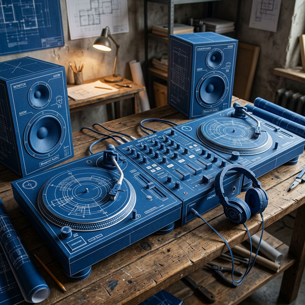 Blueprint-style DJ turntables, mixer, speakers, and headphones on workshop table